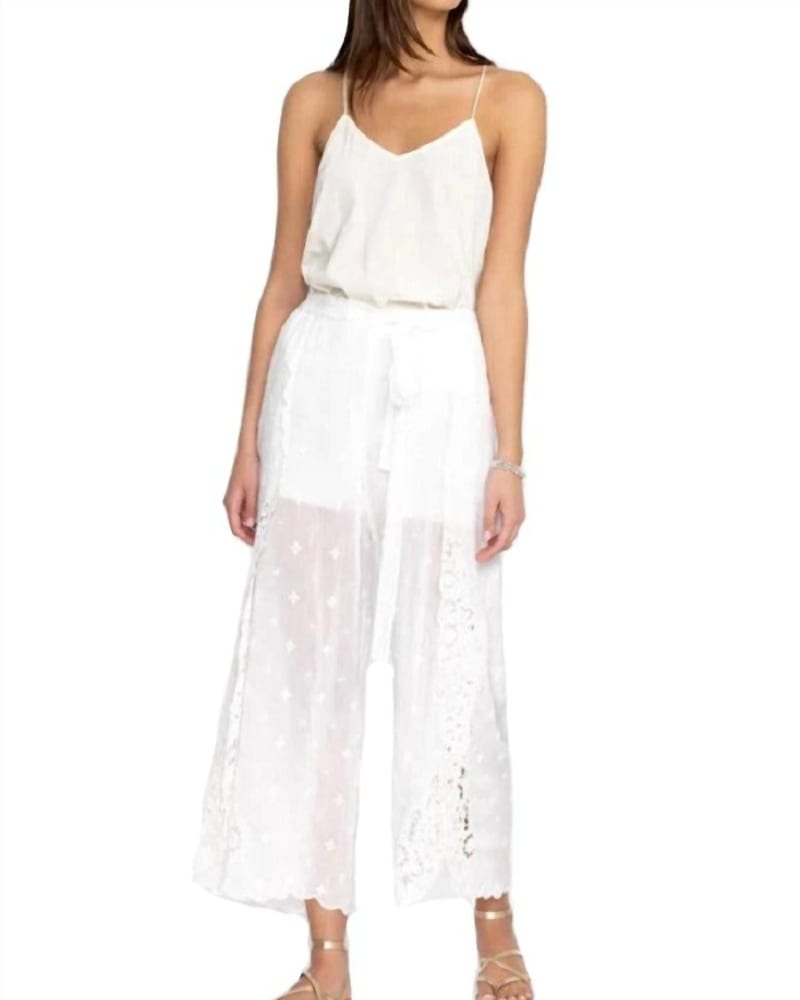 Front of a model wearing a size XL Eleuthera Wrap Pant in White in White by Johnny Was. | dia_product_style_image_id:338210